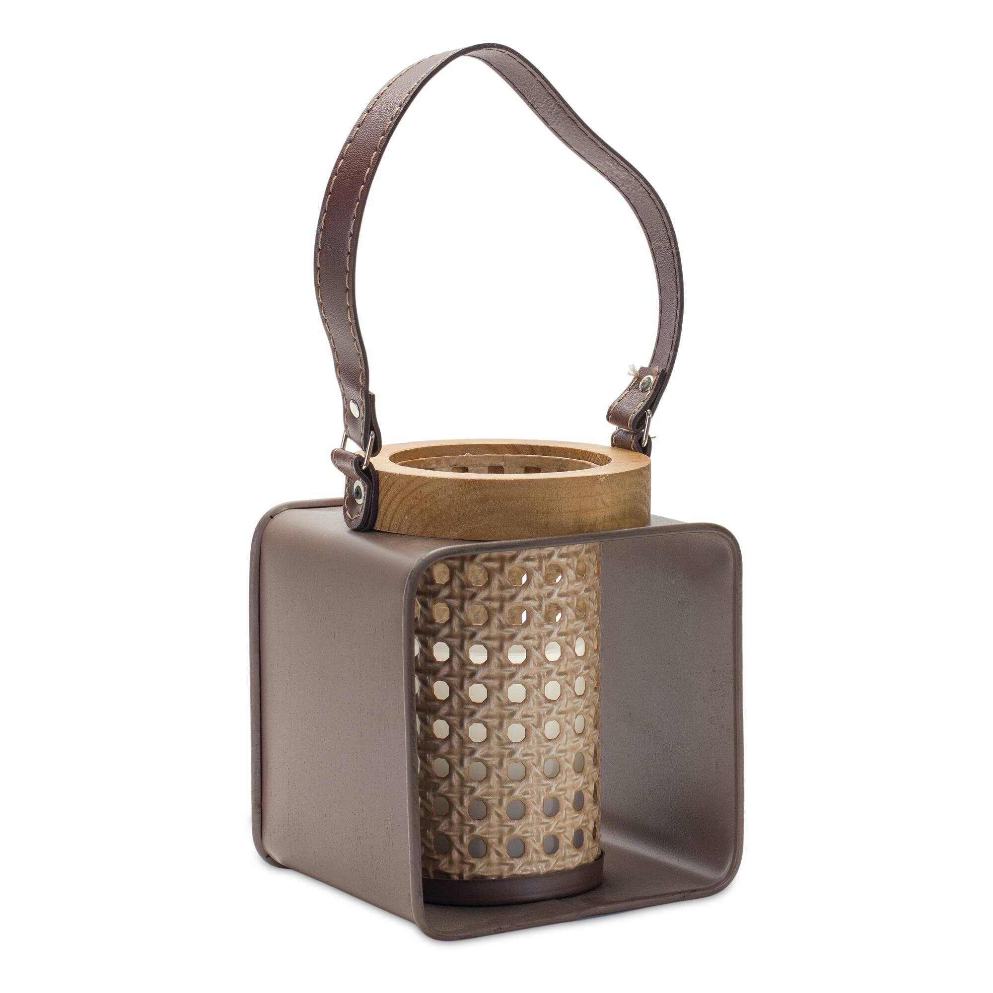 Metal Candle Holder with Wood & Leather Accents